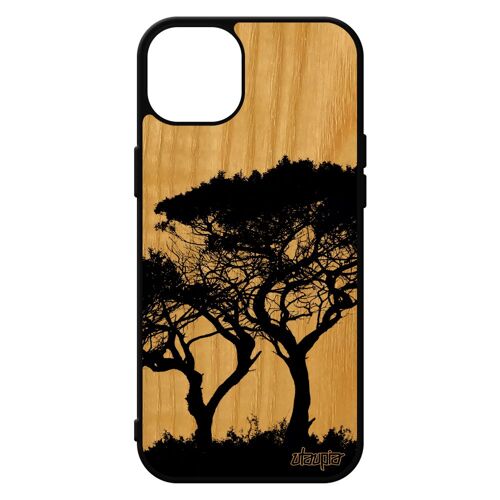 Coque Bois Veritable Iphone 15+ Plus Silicone Arbres Design Ecolo Ecologie Peinture De Protection Feuilles Nature Paysage Noir