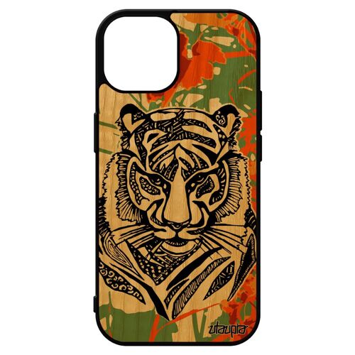 Coque Bois Pour Iphone 15 Silicone Tigre Tribal Dessin Felin De Protection Syberie Tasmanie Rigide Predateur Housse Ethnique