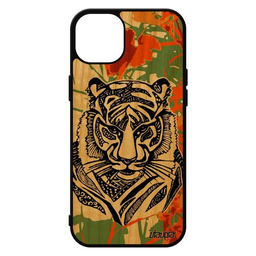 Coque Pour Iphone 15+ Plus En Bois Silicone Tigre Felin Solide Pas Cher Predateur Syberie Antichoc Tribal Animaux Mobile De