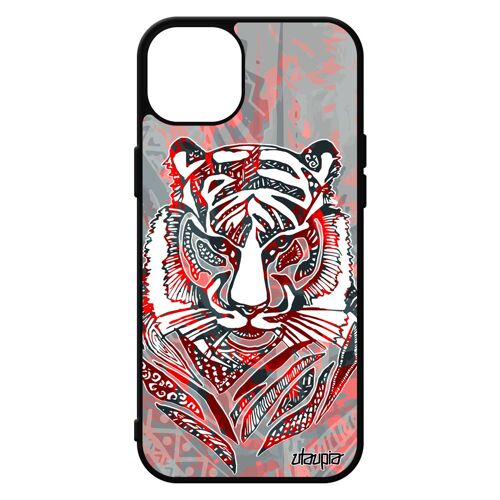Coque Iphone 15+ Plus Silicone Tigre Coloré Rigide Azteque Predateur Aluminium Fauve Rouge Plume Multicolore De Made In France