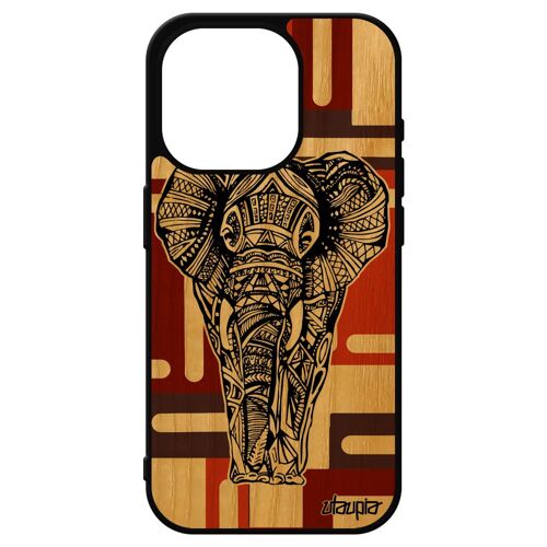 Coque En Bois Iphone 15 Pro Silicone Elephant Cube Azteque Femme Animaux Marron Dessin Cover Ethnique Geometrique Etui Tribal