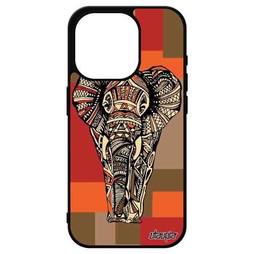 Coque Elephant Iphone 15 Pro En Silicone Ethnique Animaux Tribal Marron Femme Savane Smartphone Antichoc Dessin Made In France