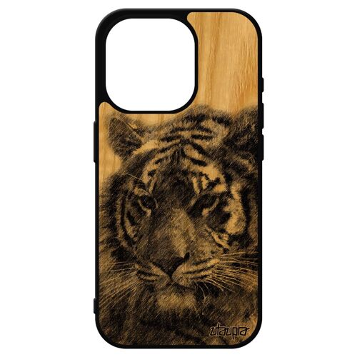 Coque Bois Naturel Iphone 15 Pro Silicone Tigre Felin Design Jolie Fauve Tigresse Animaux 4g Souple Noir Gris Nature Sauvage