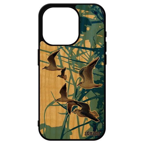 Coque En Bois De Protection Iphone 15 Pro Silicone Oiseaux Mouettes Souple Feuilles Animaux Mer Nature Mobile Animal Telephone