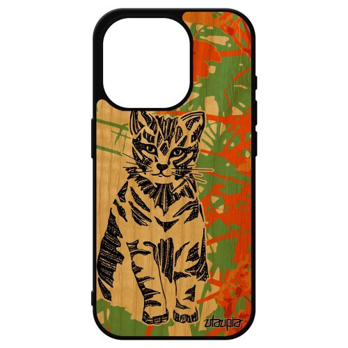 Coque Chat Iphone 15 Pro Bois Silicone Dessin Telephone Jolie Homme Mignon Orange Ethnique Case De Protection Made In France