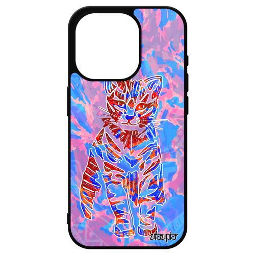 Coque Pour Iphone 15 Pro Silicone Chat Animaux Bengal Dessin Impression Pastel Femme Ethnique Petit Azteque Tribal Chaton Bleu