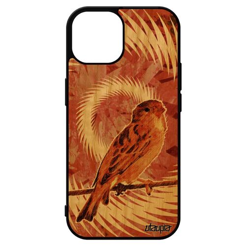 Coque en bois pour iPhone 15 silicone oiseau moineau petit orange antichoc 4G nature mandala animaux dessin animal texture