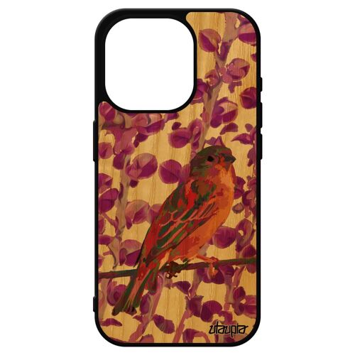 Coque En Bois Naturel Silicone Pour Iphone 15 Pro Oiseau De Protection Moineau Rose Animal Animaux Design Nature Rigide Plante