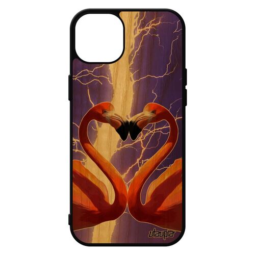 Coque Bois Pour Iphone 15+ Plus Silicone Flamand Rose CUr Eclair Telephone Animaux Orage Dessin Animal Romantique Violet Love
