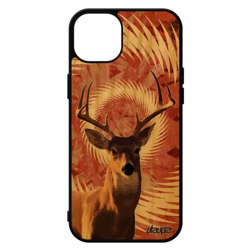 Coque iPhone 15+ Plus bois silicone cerf gibier brame animal mandala animaux mobile orange texture biche faon etui foret de