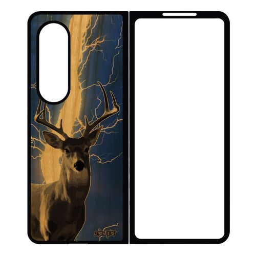 Coque En Bois Pour Z Fold 4 Silicone Cerf Animal De Protection Telephone Case Orage Eclair Brame Motif Gibier Design Samsung Galaxy