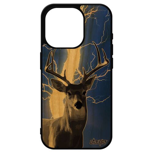 Coque Iphone 15 Pro Bois Silicone Cerf Smartphone Foret Gibier Animal Animaux Housse Motif Orage Faon Eclair Biche Design Noir