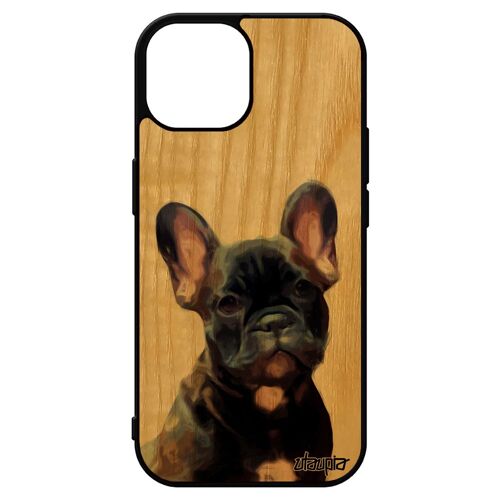 Coque En Bois Chien Iphone 15 Silicone Bulldog Francais Chiot Telephone Design Portable Mignon Original Rigide Nature Animaux