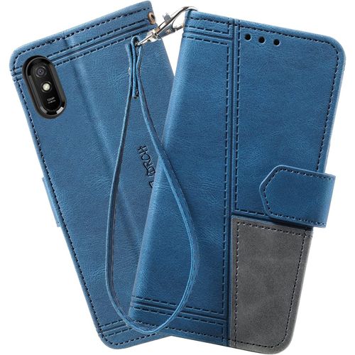 Coque Compatible Avec Redmi 9a, Portefeuille Housse En Cuir Pu Pour Xiaomi Redmi 9a, Magnetique Antichoc Flip Coque, Bleu
