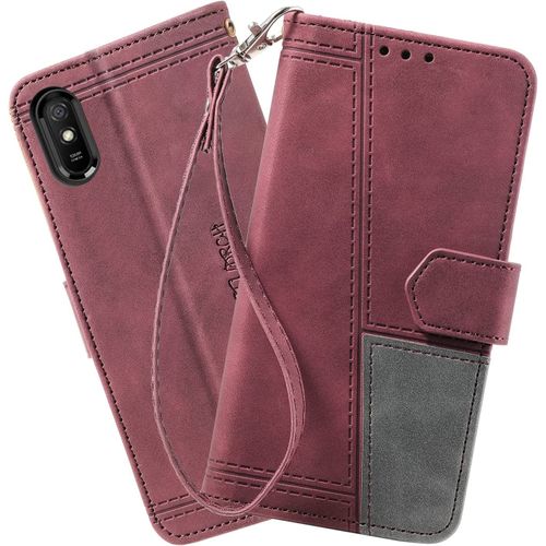 Coque Compatible Avec Redmi 9a, Portefeuille Housse En Cuir Pu Pour Xiaomi Redmi 9a, Magnetique Antichoc Flip Coque, Vin Rouge