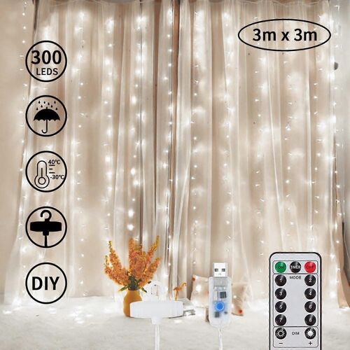 Décorations de Noël Rideau Rayures Lumières 300LED 8 Modes Blanc Chaud Guirlande Lumineuse Décoration