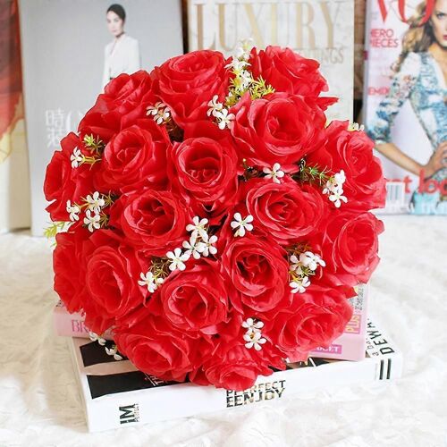 Liquidation 18Head Soie Artificielle Roses Fleurs Bouquet De Mariée Rose Maison Décor De Mariage D