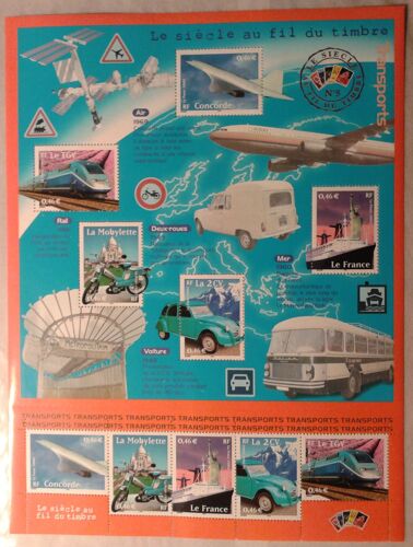 Bloc Feuillet 10 Timbres France 2002 Yvert Et Tellier Bf N°47 Le Siècle Au Fil Du Timbre N°5 Transpors Neuf** Gomme Intacte Avec Pochette Et Carte Postale Cartonnées