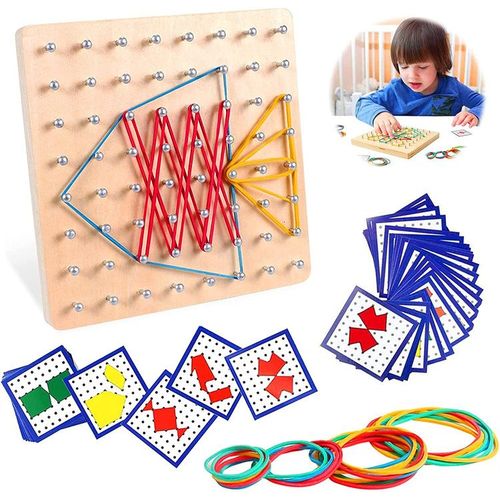 Jouet Montessori Géoboard En Bois Avec Cartes De Motifs Et Rubber Band - 8x8 Épingles Pegboard Avec Bande De Caoutchouc Puzzle De Forme Inspire L'imagination Et La Créativité De L'enfant
