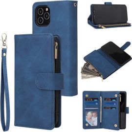 Coque Pour Iphone 12 Pro Max 6.7 Inch, Pu Flip Case Fentes De Cartes Fonction Support, Fermeture - Bleu