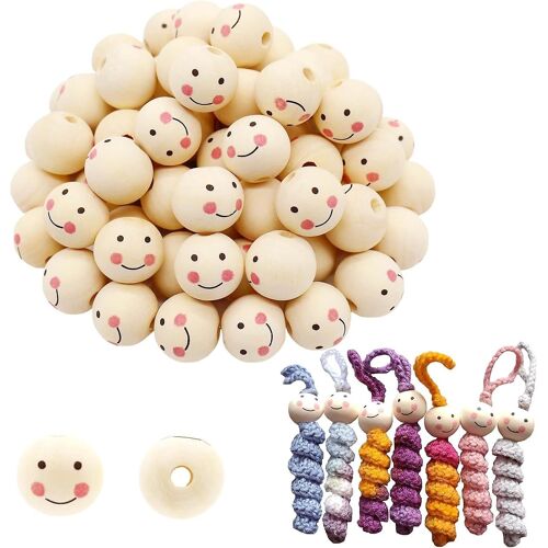 Perles En Bois Avec Face Pack De 60 - Têtes En Bois Avec Face 20 Mm, Perles En Bois Bois Naturel Perles Artisanales Pour Les Vers D'inquiétude, Vers Chanceux, Têtes D'ange, Rou