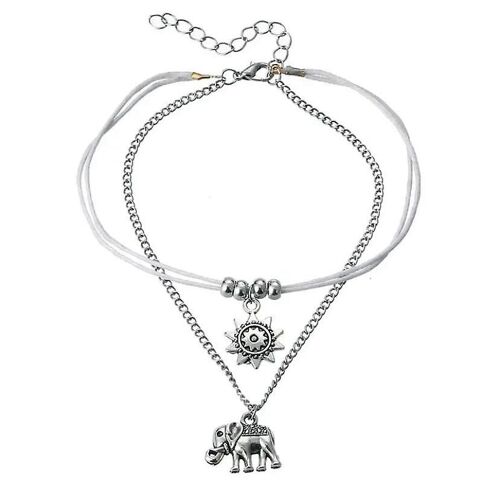 Bracelet De Cheville Blanc Et Argent - Elephant And Sun Design
