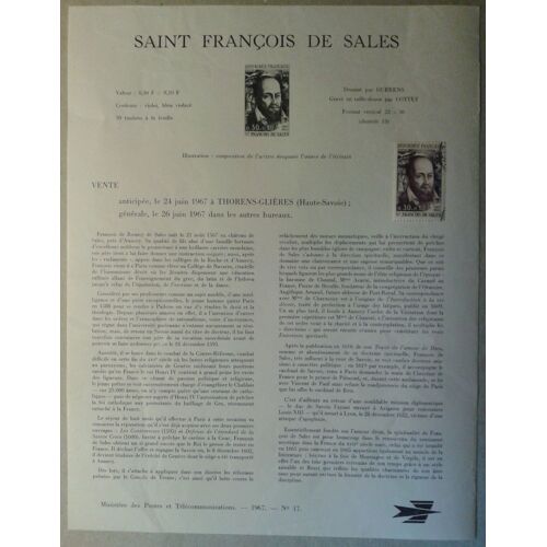 Notice Philatélique Ministère Des Postes De Télécommunications 1967 N°17 Timbre N°1513 Yt Saint François De Sales Oblitéré