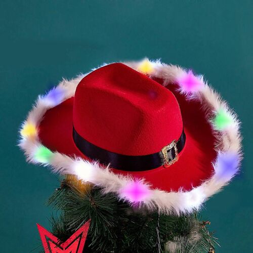 Décorations De Fête Plume De Noël Avec Lumières Led Chapeau De Cow-Boy Rouge Western Cowboy Red Hat Père Noël Fourrure Lumières Garnies Chapeau