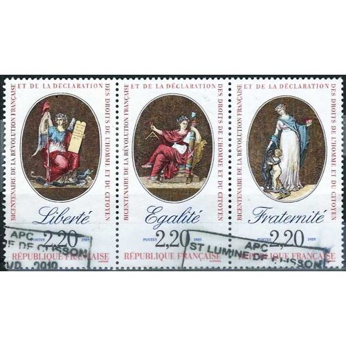 France 1989, Beau Tryptique Timbres Yvert 2573 2574 2575, Bi-Centenaire De La Révolution Et De La Declaration Des Droits De L'homme - Liberte, Égalite, Fraternite, Oblitere, Tbe -