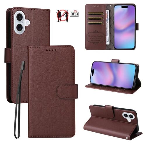 Coque pour iPhone 17, Étui en Cuir Texturé Litchi avec Blocage RFID et 3 Compartiments pour Cartes, Brun