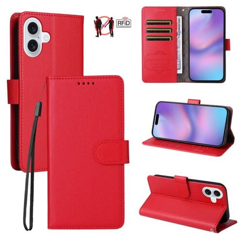 Coque pour iPhone 17, Étui en Cuir Texturé Litchi avec Blocage RFID et 3 Compartiments pour Cartes, Rouge