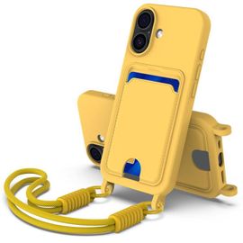Coque pour iPhone 17, Étui Intégré avec Poche pour Cartes en Silicone Liquide Couleur Unie Gen2 avec Lanière Courte, Jaune