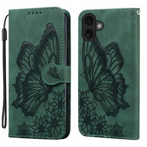 Coque pour iPhone 17, Étui en Cuir Synthétique à Motif Papillons Embossé, Flip Horizontal, Retro, Vert
