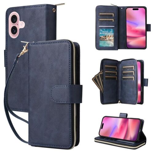 Coque pour iPhone 17, Étui en Cuir avec 9 Compartiments pour Cartes et Fermeture Éclair - Bleu