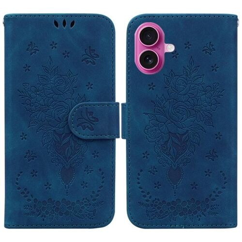 Coque pour iPhone 17, Cuir Embossé Papillon Rose, Protection Élégante et Durable, Bleu