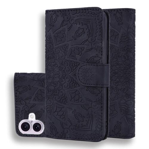 Coque pour iPhone 17, Étui en Cuir de Veau Embossé Mandala à Double Pli, Élégant, Noir