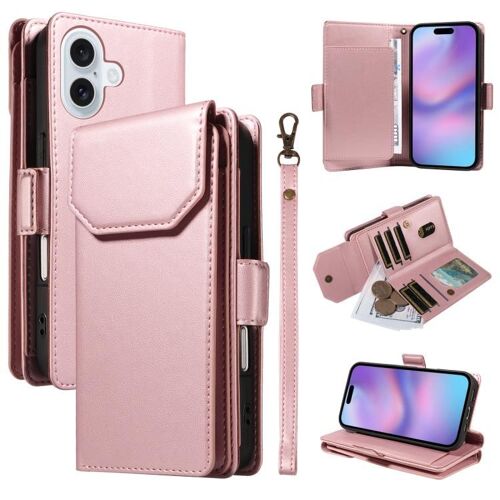Coque Multi Cartes pour iPhone 17, Étui en Cuir avec Sangle, Protection Élégante et Pratique, Or rose