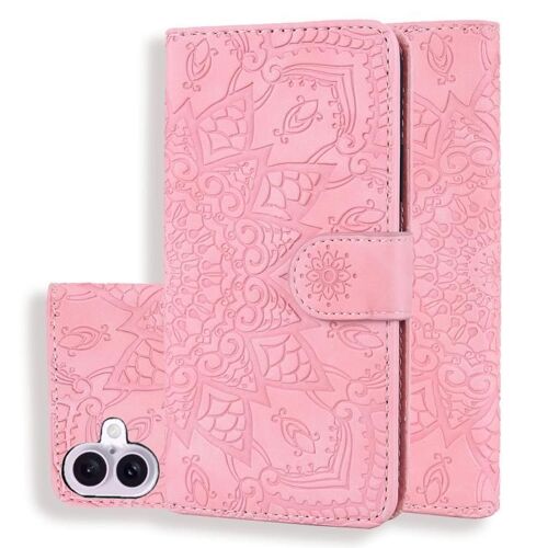 Coque pour iPhone 17, Étui en Cuir de Veau Embossé Mandala à Double Pli - Élégant - Rose