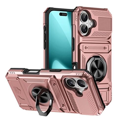 Coque pour iPhone 17, Étui Antichoc en TPU+PC avec Support Anneau Métallique, Or rose
