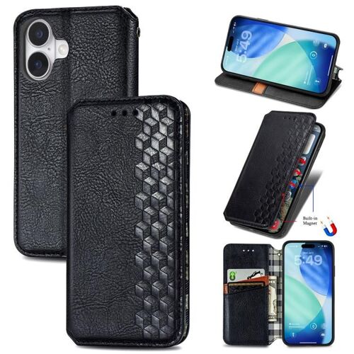 Coque pour iPhone 17, Étui en Cuir Magnétique à Motif Cubique Pressé - Noir