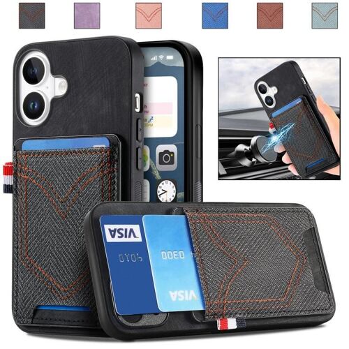 Coque pour iPhone 17, Étui en Cuir Texturé Denim avec Emplacement pour Carte - Bleu - Noir