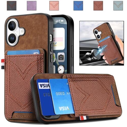 Coque pour iPhone 17, Étui en Cuir Texturé Denim avec Emplacement pour Carte - Bleu - Brun