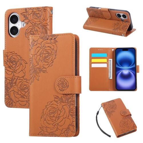 Coque pour iPhone 17, Étui en Cuir avec Fleurs Embossées, 3 Compartiments pour Cartes - Rose - Brun
