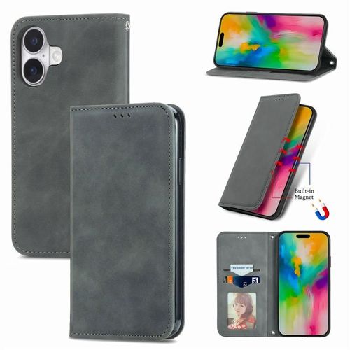 Coque Pour Iphone 17, Étui En Cuir Magnétique À Rabat, Sensation Rétro - Gris