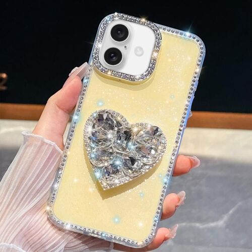 Coque pour iPhone 17, Étui en Diamant Pailleté avec Coeur en Gemmes - Protection Élégante et Brillante - Jaune clair
