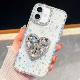 Coque pour iPhone 17, Étui en Diamant Pailleté avec Coeur en Gemmes - Protection Élégante et Brillante - Étoiles transparentes