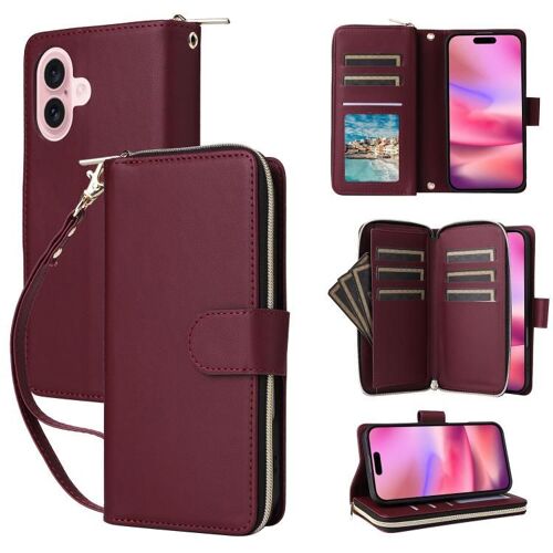 Coque pour iPhone 17, Étui en Cuir avec 9 Compartiments pour Cartes et Fermeture Éclair - Vin rouge