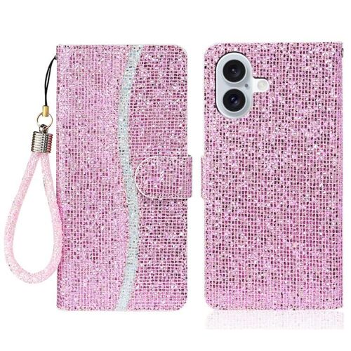 Coque pour iPhone 17, Étui en Cuir Synthétique Pailleté avec Rabat - Argent - Rose