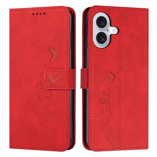 Coque pour iPhone 17, Étui en Cuir Embossé Coeur avec Lanière Longue - Sensation de Peau - Rouge