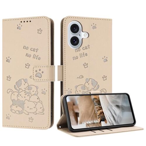 Coque pour iPhone 17, Étui en Cuir Embossé avec Lanière - Motif Chaton, Protection Élégante et Pratique - Beige